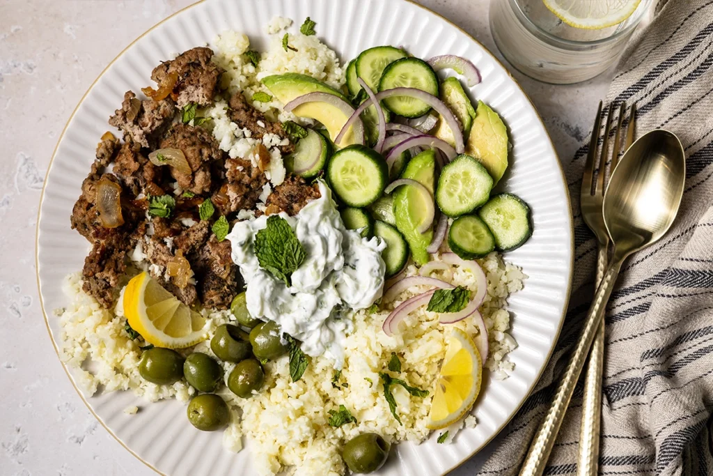 turkey gyro cauliflower rice bowl