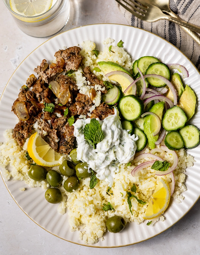 turkey gyro cauliflower rice bowl